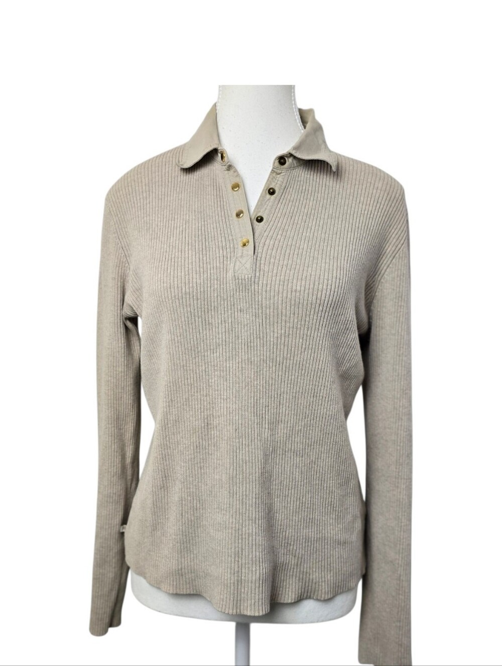 Lauren Ralph Lauren Women's Tan Beige Ribbed Knit Long Sleeve Polo Sweater